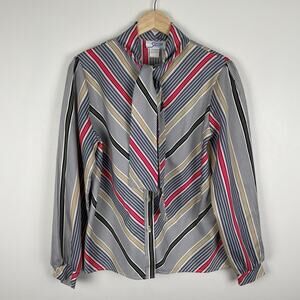 Vintage 70s Sunny South Button Up Secretary Blouse Top Striped Tie Neck Sz 12